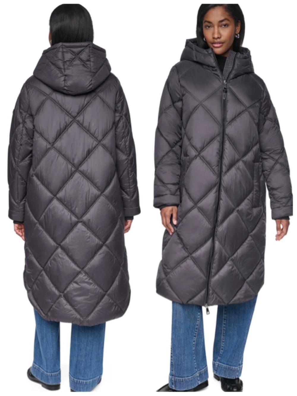 DKNY Charcoal Dark Grey Titan Quilted Hooded Long Puffer Coat Large L Womens 1RO